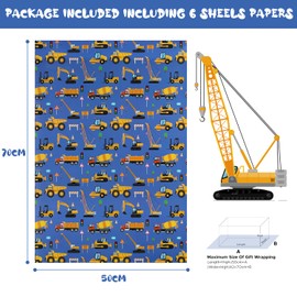 Birthday Wrapping Paper Construction Design 6 Sheets,Road Under Construction Excavator Tractor Dump Truck Wrapping Paper for Kids Boys,Folded Flat 20x28 inches per Sheet for Birthday Baby Showers