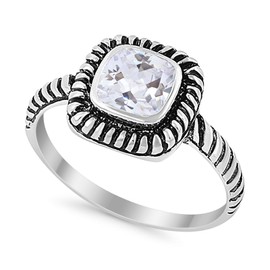 Sterling Silver Size-06 Art Deco Ring 8mm Princess Cut CZ Oxidized Rope Vintage Style Solitaire Ring Statement Wedding Engagement Rings For Women 925 Sterling Silver Gift For Special Occasion