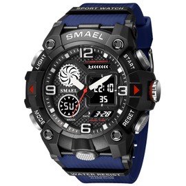 Boosns Mens Outdoor Sport Military Waterproof LED Digital Plastic Multifunction Fitness Watches (Black Blue)