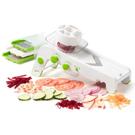 Starfrit Cubing Pro Mandoline Slicer, Dicer - 4 Blades & Graters with Storage Box - Straight & Crinkle V-Blades, Fine & Coarse Graters - 10 Thickness Settings, 3 Julienne Sizes - Self-Feeding Pusher