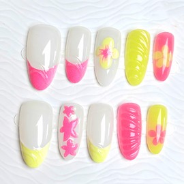 24Pcs Flower Press on Nails Medium Almond Fake Nails Spring Summer Nails Press ons with Floral Pink Starfish Design False Nails Water Ripples Pink Yellow French Acrylic Nails Glue on Nails for Women