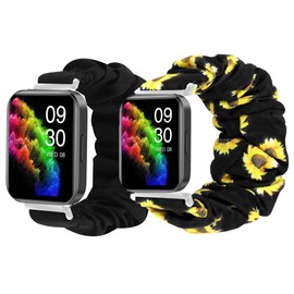 Blueshaweu Compatible with RUIMEN Smart Watches Bands, 22mm Fabric Elastic Scrunchie Elastic Watch Band Women Cute Replacement Straps Compatible with RUIMEN D1 /H1 Smart Watches (Black+Sunflower)