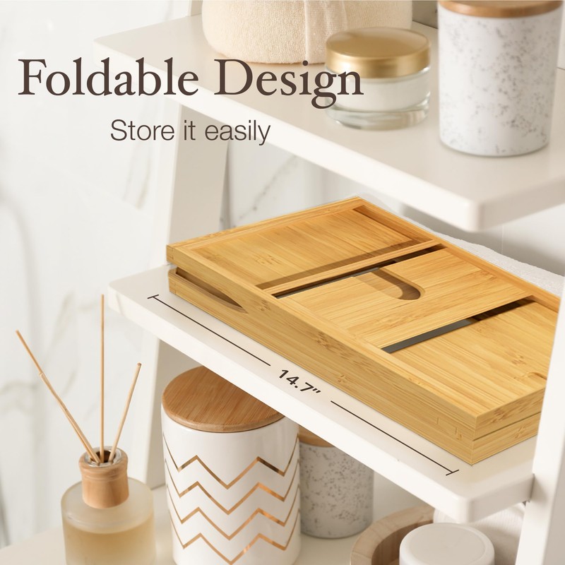 Wooden Bathtub Tray - Foldable Expandable Bamboo Bath Tray for