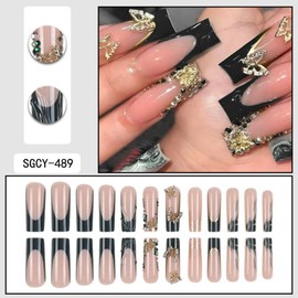 Black French Tips Press on Nails Long Square False Nails with Gold Butterfly Design White Rhinestones Stick on Nails Glossy Skin Tones Fake Nails Marble Glue on Nails for Women Girls Manicure 24Pcs