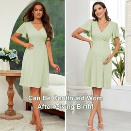 AISWI 2024 Summer Maternity Nursing Dress Pockets Baby Shower Wedding Guest Pregnancy Short Ruffle Sleeves A-line Midi, Light Sage, Large