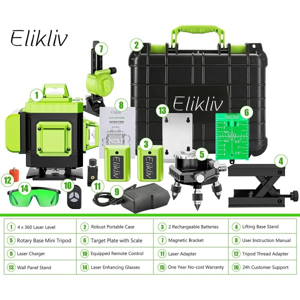 Elikliv 360° 4D 16 Line Laser Level Self Leveling Green