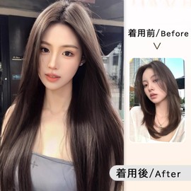 Yokosen Hair Extension, Collarless Wig, One Touch Extension, Straight Long, Set of 3, Half Wig, Hair Extension, Hair Extension for Women, Point Wig, Extension, Clip-type, Easy Installation, Natural