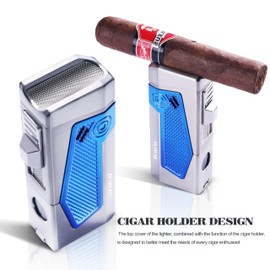 TOMOLO Cigar Lighter Torch Lighter with Punch Built in, Cigar Holder, Cigar Draw Enhancer, Cigar Accessories, Quadruple Flame, Butane Refillable Lighter (Butane Not Included) (SilverBlue)
