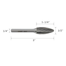 SH-5 Tungsten Carbide Burr Rotary File Flame Shape Double Cut (1/2” Cutter Dia X 1-1/4”Cutter Length) with 1/4'' Shank Dia,3PCS