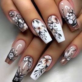 Long Press on Nails Square Fake Nails with Flower Designs Stick on Nails Black White False Nails Glossy Full Cover Coffin Acrylic Nails Glitter Glue on Nails for Women Girls Spring Summer 24PCS