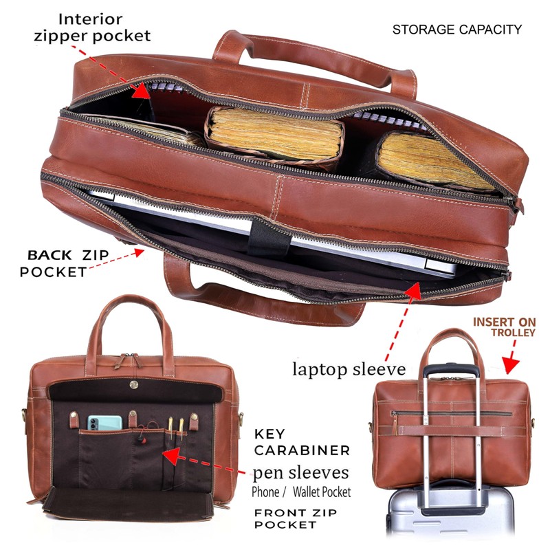 HLC 18 Inch Full Grain Leather Briefcase messenger shoulder bags
