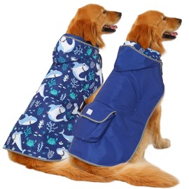 HDE Reversible Dog Raincoat Hooded Slicker Poncho Rain Coat Jacket for Small Medium Large Dogs Sharks - L