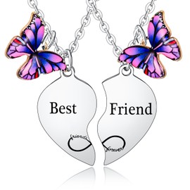2PCs Best Friend Heart Matching Necklace Set Friendship Necklace for 2 Best Friend Christmas Birthday Gifts Purple Butterfly Charm Necklaces Friendship Gifts for Best Friend Necklace Bestie Gifts