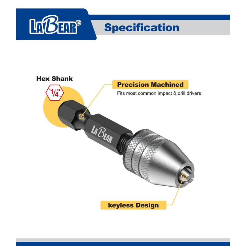 LABEAR - Drill Chuck Keyless Mini Adapter ¼ Inch Hex