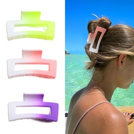 Sppry Medium Rectangle Matte Claw Clips for Women Thick/Thin Hair, Gradient Color, Set of 3 (Beige Pink & Purple & Green)