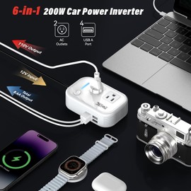 200W Car Power Inverter, FOVAL 12V DC to 110V AC Car Inverte with 4 USB Ports Car Outlet Adapter, Power Inverter for Vehicles, Car Plug Adapter Outlet for Laptop Computer Charger (White)