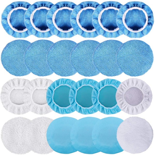 SIQUK 24 Packs Polishing Bonnet Pads (5 to 6 Inches) Including 12 Microfiber Car 4 Waxing Non-Woven Buffing pad and 2 Cotton for Polisher