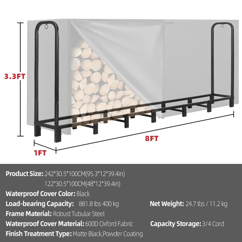 Kendane 8FT Firewood Rack Outdoor with Cover, Heavy Duty Adjustable