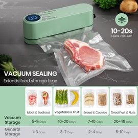 Mini Vacuum Sealer, Portable 60 KPA Film Sealer with 3 Temperature Levels, 5 Bags, 1 Inflator Adapter and 1 Air Extraction Adapter for Snack Preservation and Food Storage (Green)