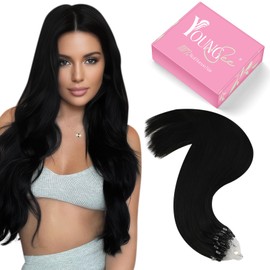 YoungSee Micro Ring Hair Extensions Black Micro Beads Hair Extensions Jet Black for Wedding Natural Looking Cold Fusion Silky Reflections Enhanced Volume Lightweight Smooth Texture 16inch 50s 50g