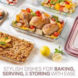 COOK WITH COLOR 8 PC. Glass Baking Dish Set with Lids - Deep Casserole Dish, Glass Food Container, Oven, Freezer and Microwave Safe, Clear Container, Pink