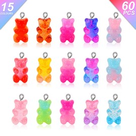 Gukasxi 60 Pcs Cute Bear Charm Pendants, Gummy Resin Bear Charms Pendants in 15 Colors, Bear Necklace Charms for Earring Bracelet DIY Jewelry Making Pendants, for Children Girls