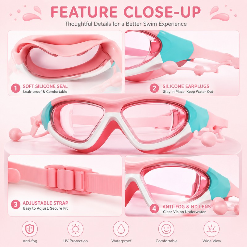 Kids Swim Goggles with Earplugs – Anti-Fog Waterproof Large Frame