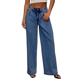 Sidefeel Women's Wide Leg Jeans Drawstring Baggy High Waisted Stretchy Elastic Waist Sweatpant Jeans Size 10 Blue