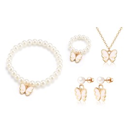 VYYU Girls Jewellery Set of 4 - Beautiful Pearl Earrings/Rings/Bracelet/Necklace for Kids, Cute White Butterfly Charm Jewellery Gift for Little Girls, Christmas Birthday Gifts for Daughter Niece