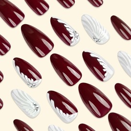 CAEEA Cherry Red Press On Nails Burgundy False Nails Almond Round Head Rhinestones Pearl White Embossed Design Artificial Acrylic False Nails Women Holiday Gift 24pcs