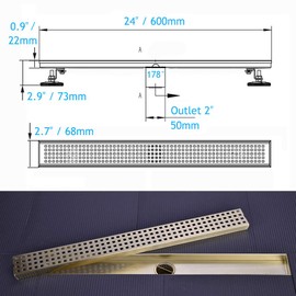 Nicmondo Linear Shower Drain 24 Inch, Bathroom Rectangular Floor Drain with Removable Cover Grid Grate, Adjustable Leveling Feet, Hair Strainer, SUS304 Stainless Steel Trench Drains, Brushed Gold