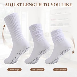 Risipu 3 Pairs Pilates Socks for Women Yoga Socks with Non-Slip Sole for Barre Long Scrunch Socks, White, One size fits all