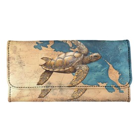 Jolamirel Retro Sea Turtle Slim Wallet for Women PU Leather Large Capacity Trifold Wallet, Turtles Tall Billfold Cash Wallet, Khaki Blue