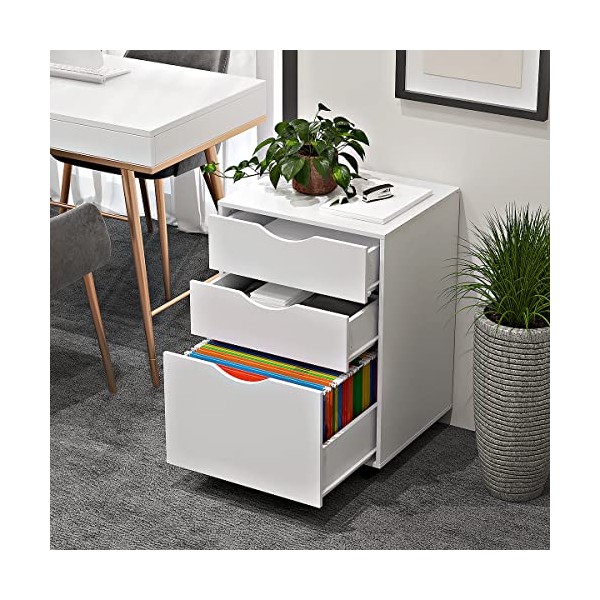 3 Drawers Storage Cabinet, Wooden Mobile Filing Cabinet for Mini Printer Stand, with Lockable Casters, for Home Office (3-Drawers, White)