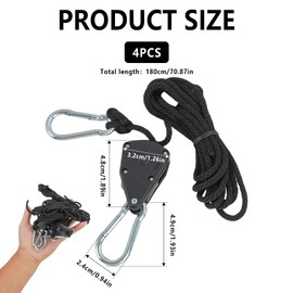 4 x Rope Ratchet with Hooks Load Capacity 68 kg 2.4 m Infinitely Adjustable Cable Pull with Ratchet Grow Lights Suspension Rope Tensioner Awning Attachment Rope Ratchet Storm Band Awning