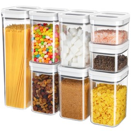 MR.SIGA 8 Piece Airtight Food Storage Container Set, BPA Free Kitchen Pantry Organization Canisters, One-Handed Airtight Plastic Containers with Lids for Cereal, Spaghettie, Pasta,White