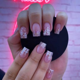 24 Pcs Christmas Press on Nails Medium Square Fake Nails Pink French Nails with Glitter Designs Glossy Christmas Nails SnowFlake Full Cover Stick on Nails False Nails for Women ＆ Girls