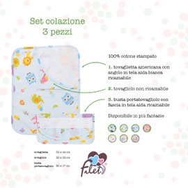 FILET - Cotton Breakfast Set with Aida Canvas Embroidery, Consisting of Placemat, Napkin and Napkin Bag, Made in Italy, Fantasy Letters and Animals Sky