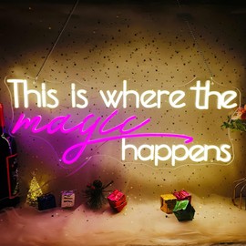 This Is Where The Magic Happens Neon Sign Large, 25.6x10.4 Inch This Is Where The Magic Happens Signs with Remote Dimmer, Neon Lights for Bedroom Wedding, Christmas Party Decor, Warm White-Hot Pink