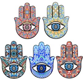 WAYUTO 5pcs Fatima Hand Ceramic Coaster Set Evil Eye Cup Mug Mat Absorbing Cork Base Drinks Beer Office Home Dining Vintage Decor Colorful Housewarming Gift Furniture Insulated Protection 4 * 6 in