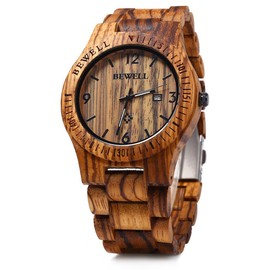 BEWELL ZS-W086B Mens Wooden Watch Analog Quartz Movement Date Display Lightweight Wood Wrist Watch (Zebra Wood)