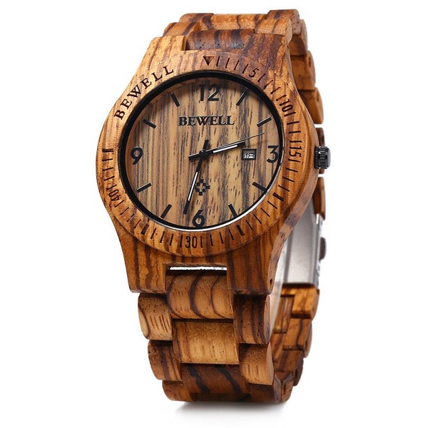 BEWELL ZS-W086B Mens Wooden Watch Analog Quartz Movement Date Display