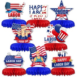 8pcs Happy Labor Day Honeycomb Centerpieces, Labor Day Party Decoration Table Centerpieces, Red Blue Yellow American Flag Labor Day Table Topper, Happy Labor Day Paper Centerpieces