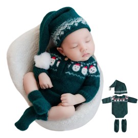 Zeroest Newborn Photography Outfits Props Christmas Baby Photoshoot Boy Girl Photo Knit Eif Onesie Hat Socks Xmas Green Set (Green)