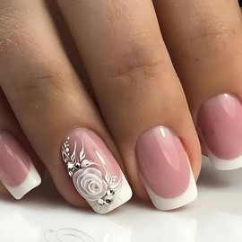 French Tip Press on Nails Short Square Fake Nails Pink Full Cover Acrylic False Nails with Rose Flower&Rhinestones Designs Cute Glue on Nails Gloss Artificial Stick on Nails for Women