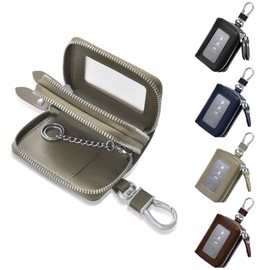 YooFa Genuine Leather Smart Key Case, 2-Piece Storage, Men's Key Case, Double Key Ring, Double Zipper, Cowhide Leather, Double Smart Car Key Case, Clear Window, Key Cover, Key Holder, Carabiner