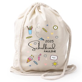 AMBERGER DESIGN by A&M Osterhage amd Personalisierter Turnbeutel Schulkind 2025 – Geschenk zur Einschulung mit Name – Kita & Schule – Jungs & Mädchen – Sportbeutel mit Motiv – Beige