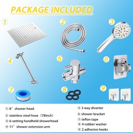 Rain Shower Head with Handheld Spray Combo High Pressure 3+6 mode built-in power wash, Dual Square Showerhead with 11'' Extension Arm Height/Angle Adjustable, 3-Way Diverter, Chrome, AWAXFOLO
