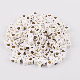 Ludthaw 100PCS Letter Beads 6X6mm Acrylic Alphabet Beads for Jewelry Making White Cube Square Gold Vowel Letter O Beads for Bracelets Making DIY Necklaces