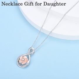 JOPLY Gifts for Daughter,Silver Necklace for Girls Women Christmas Birthday Daughter Gifts Infinity Rose Daughter Necklace from Mum with Gift Box